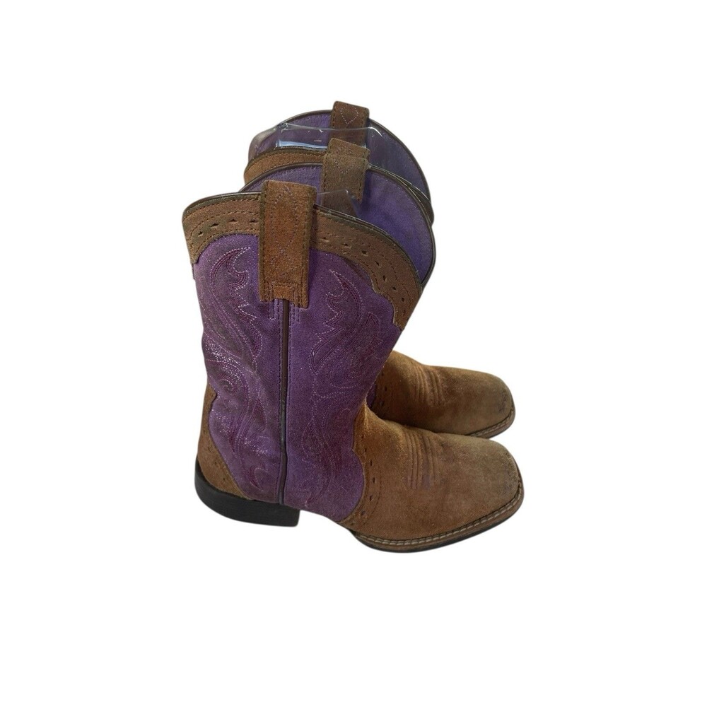 Ariat Trailblazers Cowboy Boots Glitter Purple Brown Leather Suede Size 1 UK 13